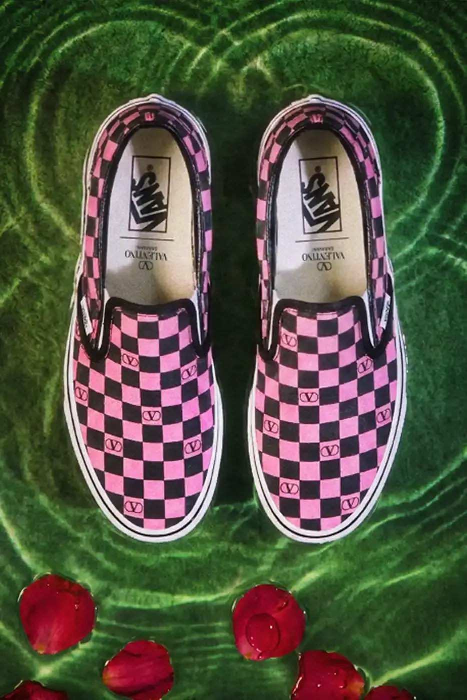 VALENTINO AND VANS RELEASE NEW SLIP-ON COLLECTION Valentino and Vans collaborate on six Classic Slip-On sneaker styles with signature VLogo patterns, checkerboard designs, and tropical prints, priced at $490 USD. (image 3 of 7)
