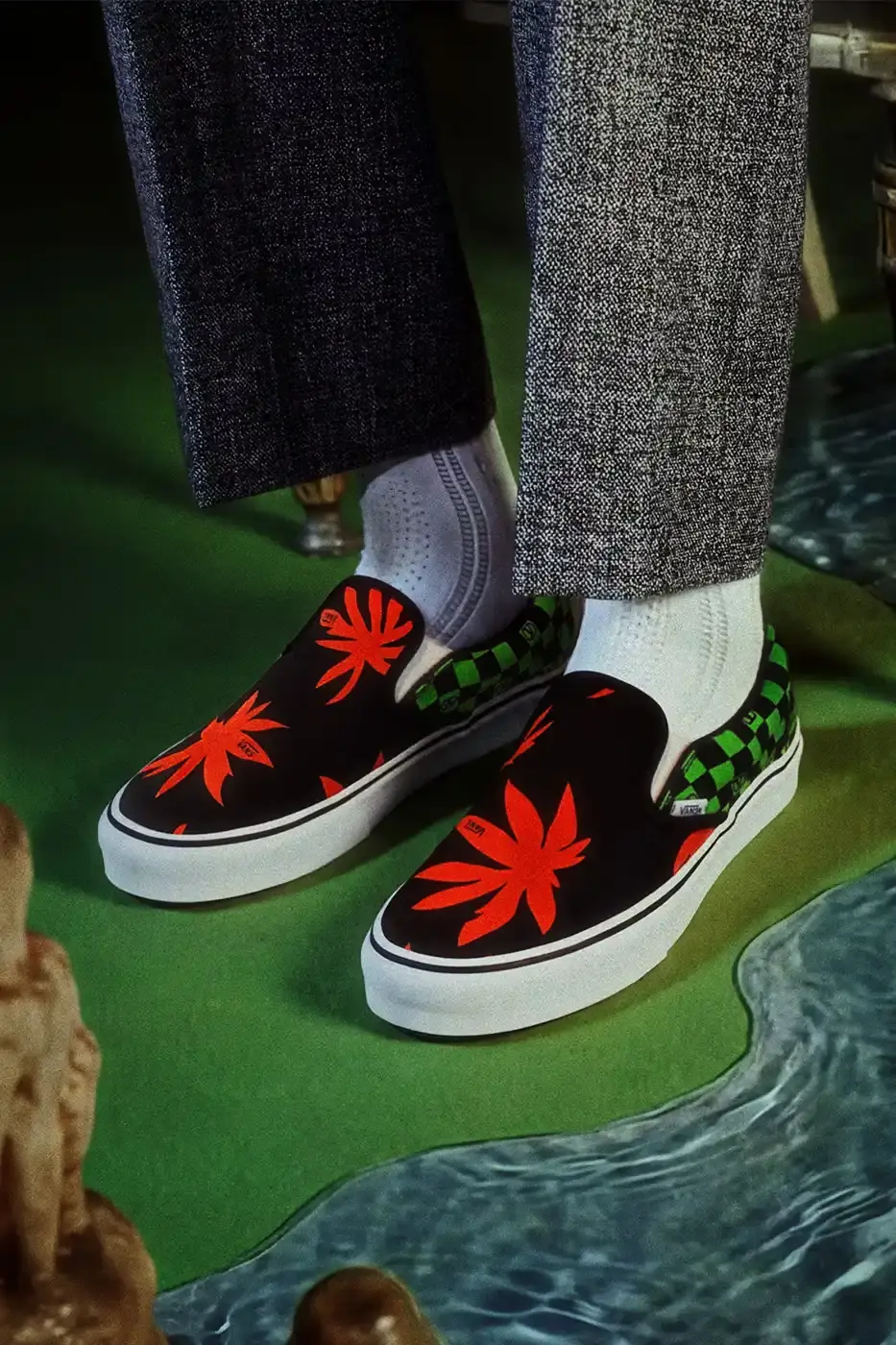VALENTINO AND VANS RELEASE NEW SLIP-ON COLLECTION Valentino and Vans collaborate on six Classic Slip-On sneaker styles with signature VLogo patterns, checkerboard designs, and tropical prints, priced at $490 USD. (image 6 of 7)