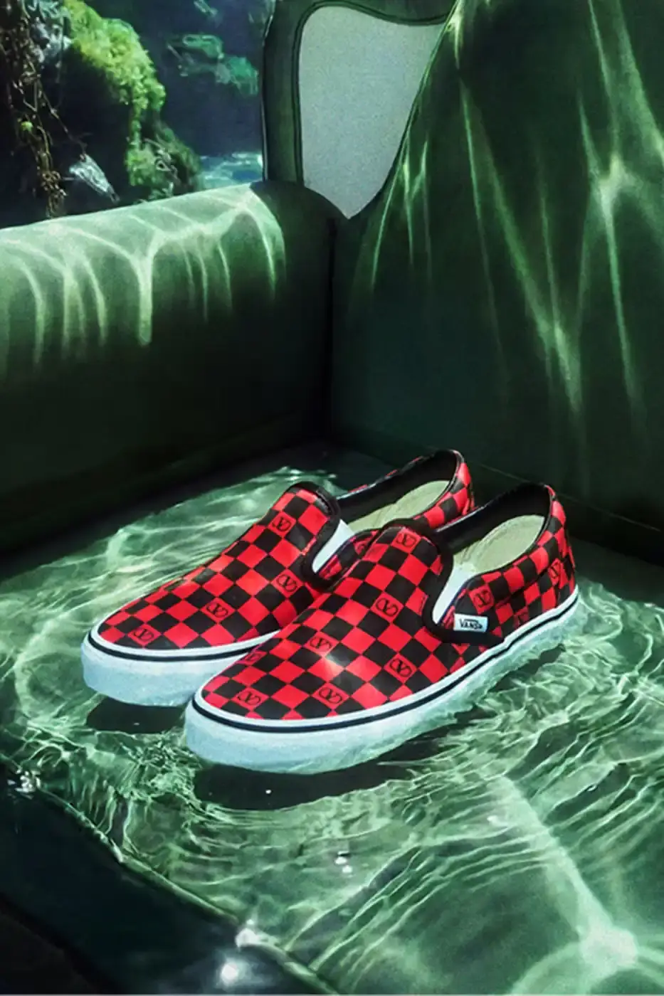 VALENTINO AND VANS RELEASE NEW SLIP-ON COLLECTION Valentino and Vans collaborate on six Classic Slip-On sneaker styles with signature VLogo patterns, checkerboard designs, and tropical prints, priced at $490 USD.