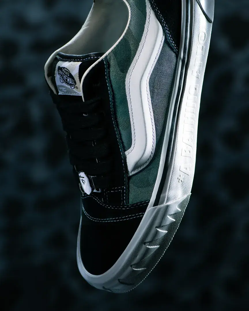 VANS AND BAPE RELEASE KNU SKOOL CAMO SNEAKERS an image detailing the technical and design specifications of the upcoming Vans and BAPE Knu Skool footwear collaboration. (image 3 of 8)