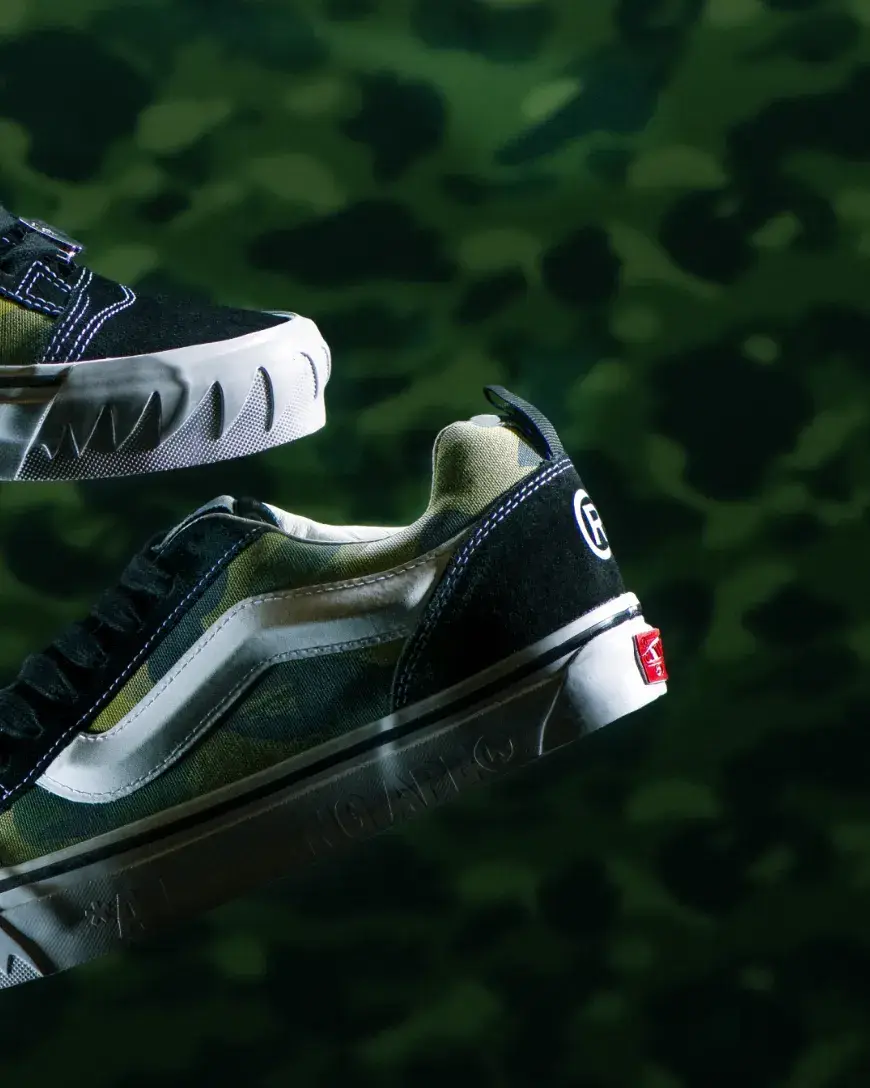 VANS AND BAPE RELEASE KNU SKOOL CAMO SNEAKERS an image detailing the technical and design specifications of the upcoming Vans and BAPE Knu Skool footwear collaboration. (image 5 of 8)