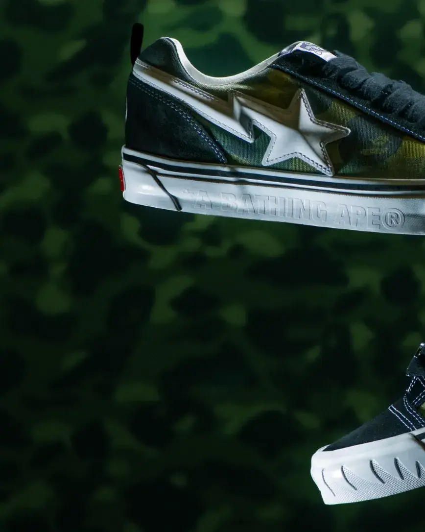 VANS AND BAPE RELEASE KNU SKOOL CAMO SNEAKERS an image detailing the technical and design specifications of the upcoming Vans and BAPE Knu Skool footwear collaboration. (image 4 of 8)