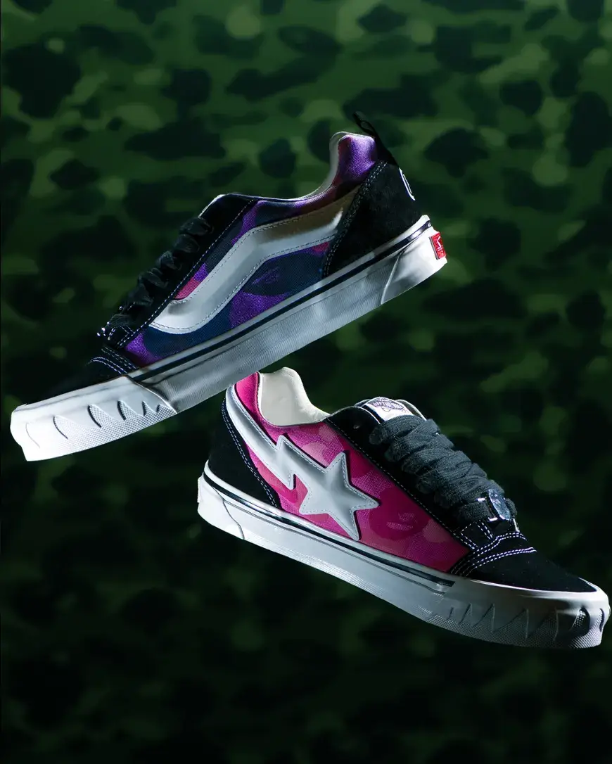 VANS AND BAPE RELEASE KNU SKOOL CAMO SNEAKERS an image detailing the technical and design specifications of the upcoming Vans and BAPE Knu Skool footwear collaboration.
