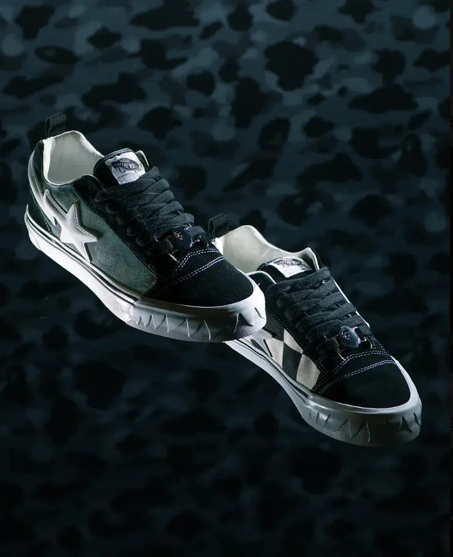 VANS AND BAPE RELEASE KNU SKOOL CAMO SNEAKERS an image detailing the technical and design specifications of the upcoming Vans and BAPE Knu Skool footwear collaboration. (image 7 of 8)