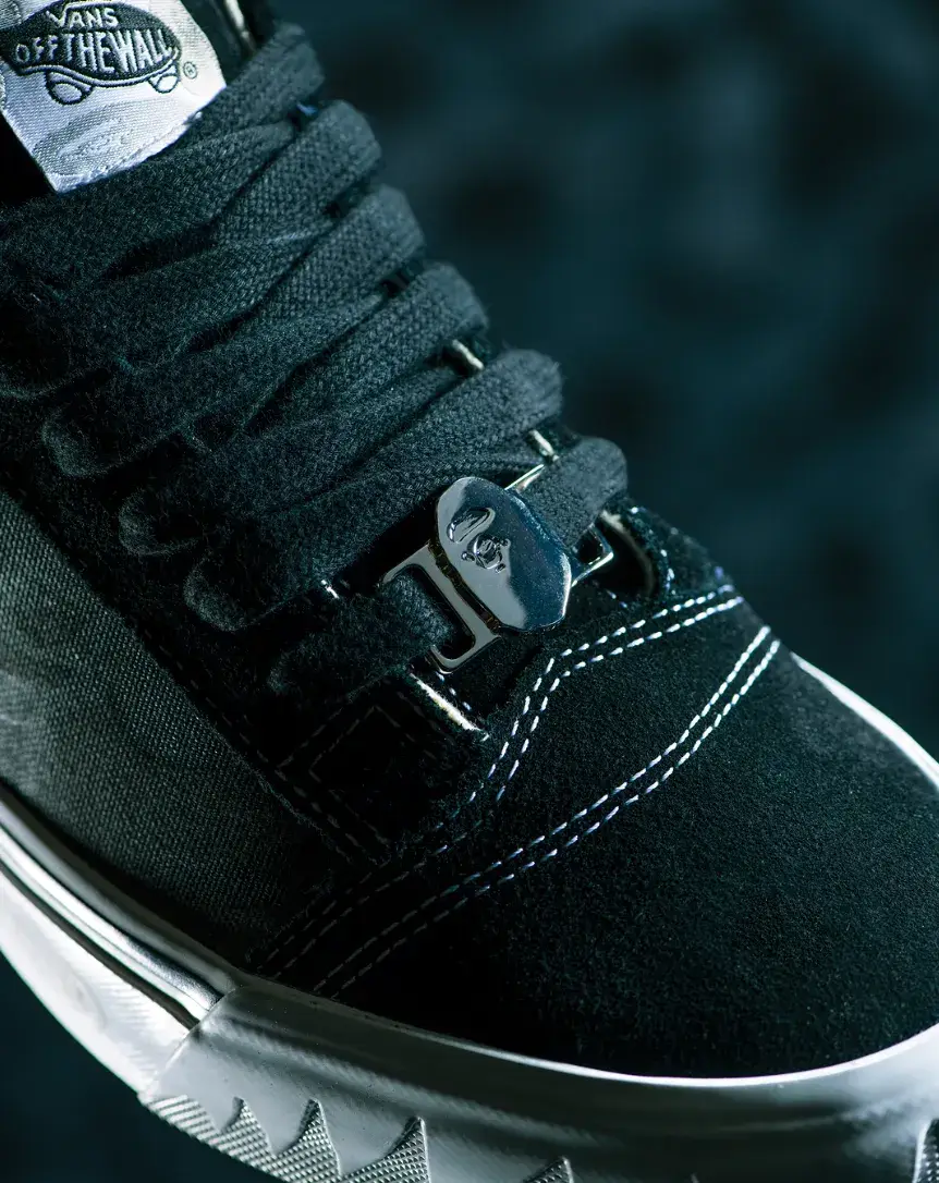 VANS AND BAPE RELEASE KNU SKOOL CAMO SNEAKERS an image detailing the technical and design specifications of the upcoming Vans and BAPE Knu Skool footwear collaboration. (image 8 of 8)