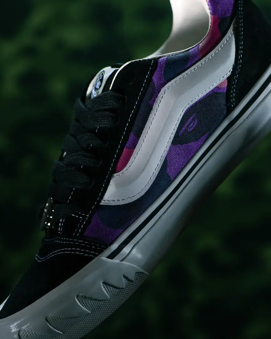 VANS AND BAPE RELEASE KNU SKOOL CAMO SNEAKERS an image detailing the technical and design specifications of the upcoming Vans and BAPE Knu Skool footwear collaboration. (image 6 of 8)