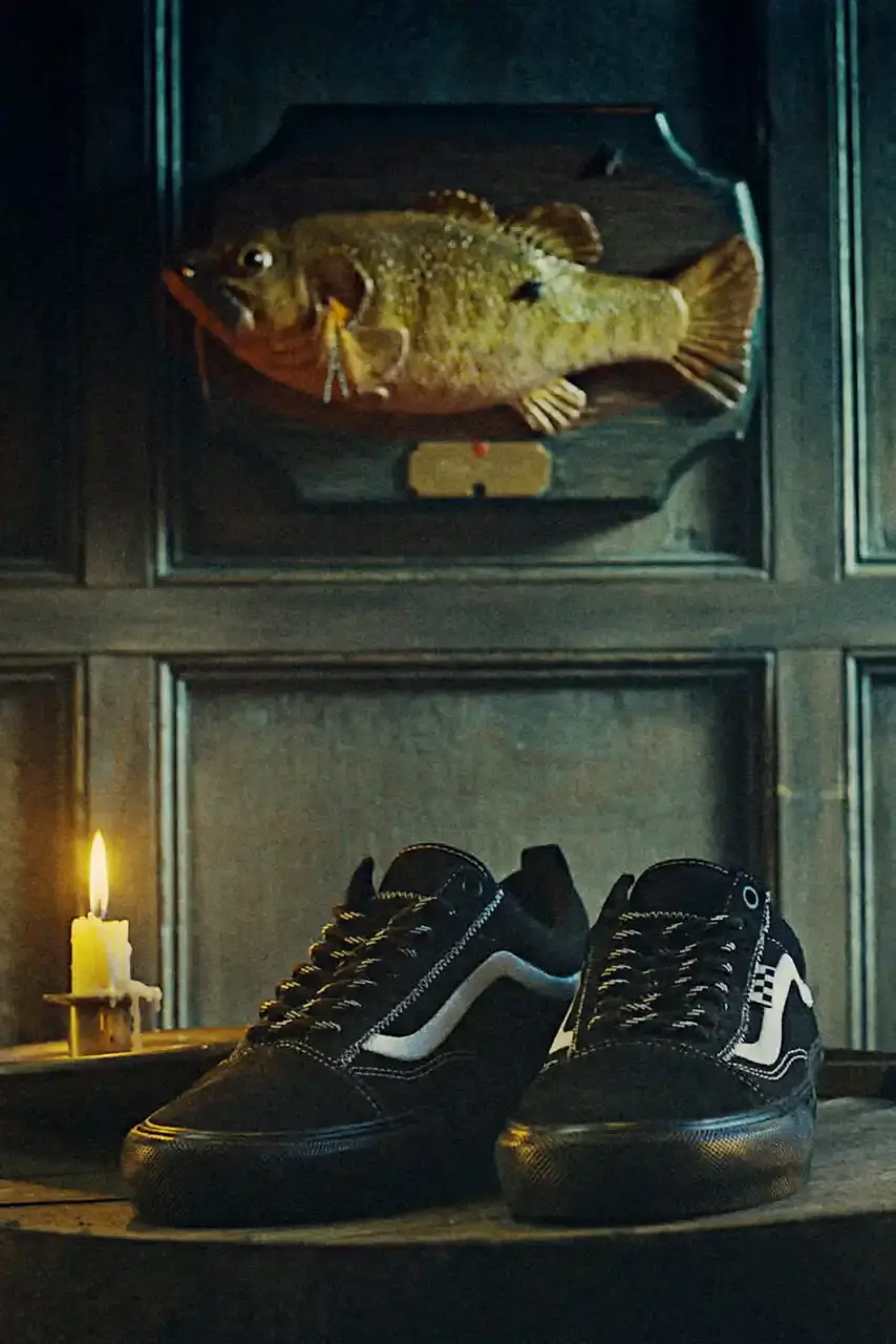 PELLEGRIN'S NAUTICAL TWIST ON VANS CLASSIC MAKES WAVES image of the collaboration between French skateboarder and fisherman Victor "Doobie" Pellegrin and Vans to create the Doobie Skate Old Skool Net. The article describes the shoe's special features including water-resistant suede, hidden mesh pockets, durable canvas panels, and reinforced laces. It also mentions the promotional film "Ye Tale of Doobie" shot in Cornwall featuring several skaters, and notes the April 24 release date across European skate shops, with pricing not yet announced. (image 6 of 6)