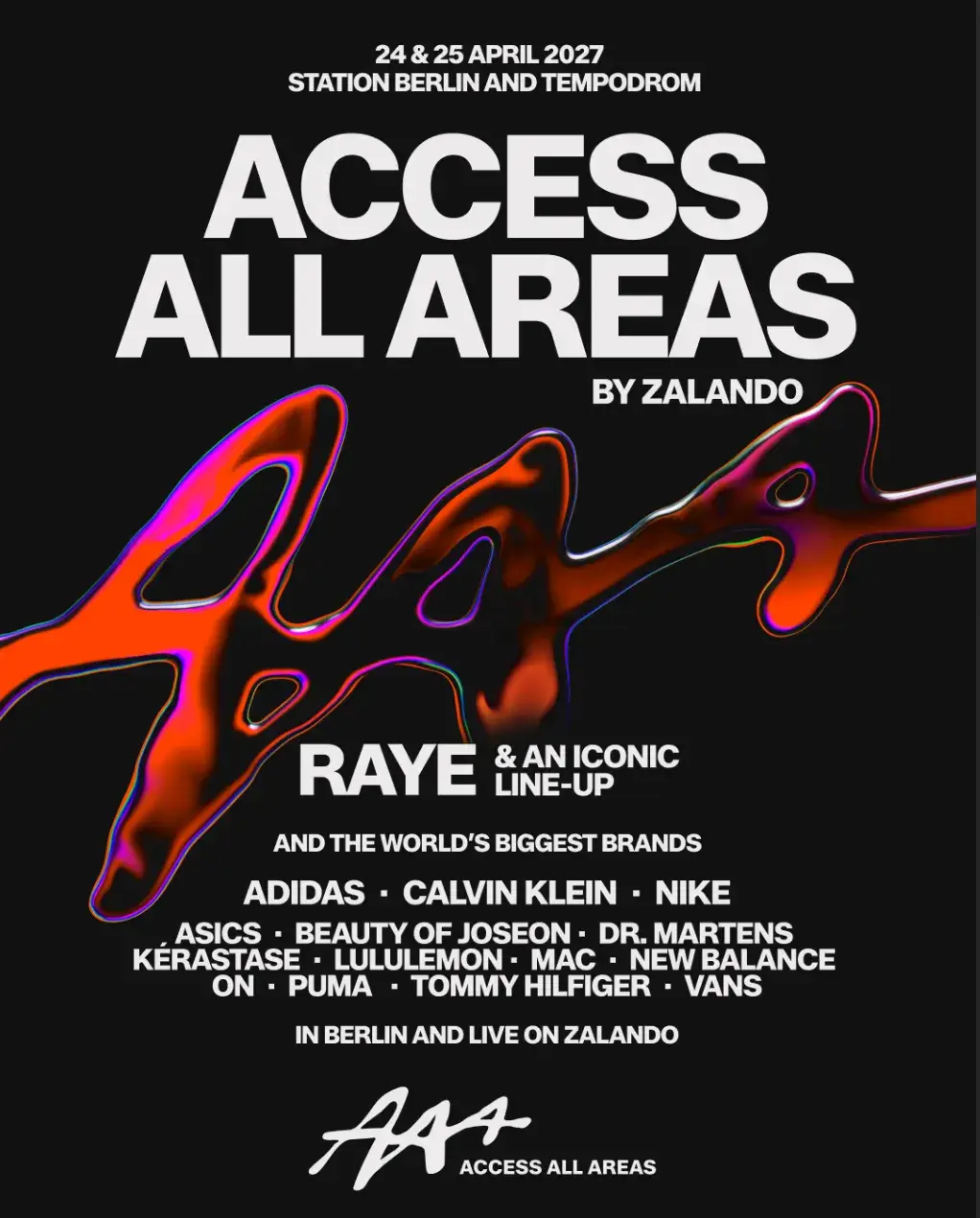 image about Zalando's Access All Areas festival in Berlin on 24 and 25 April 2027, with RAYE as the first announced artist, 14 brand partners and free tickets for Zalando Plus members.