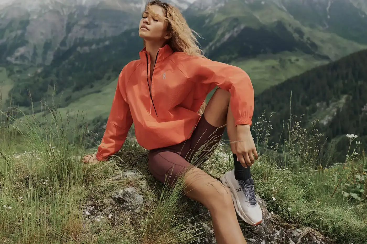 Zendaya walking in Swiss Alps wearing On's Fall 2024 collection